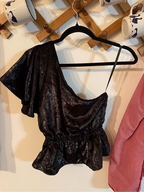 NWT 7 for all Mankind One-Shoulder Black Shimmery Peplum Top